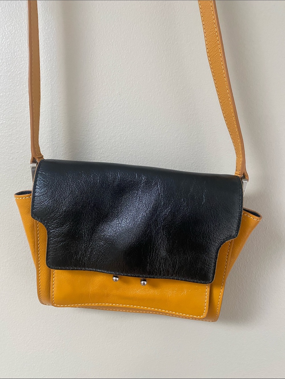 MARNI Soft Mini Trunk Bag Leather Two-Tone Crossbody Bag in Black and Mustard